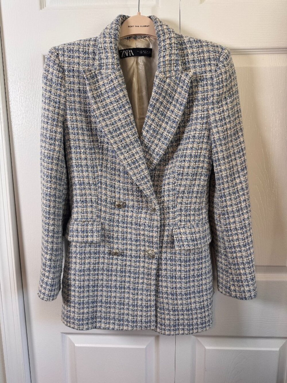 Zara Blue and Cream Tweed Double-Breasted Blazer